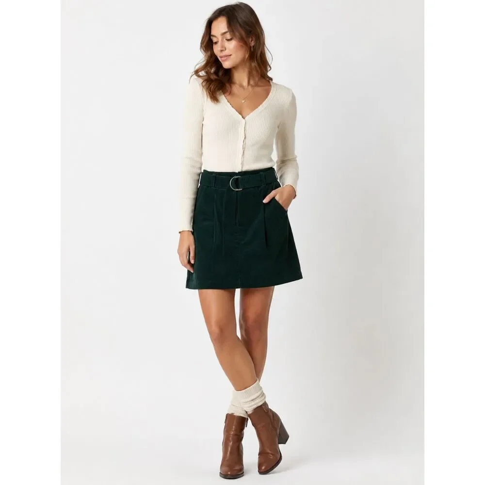 Cremieux Women's Forest Green Corduroy Mini Skirt Size 0 Belted Cotton Stretch